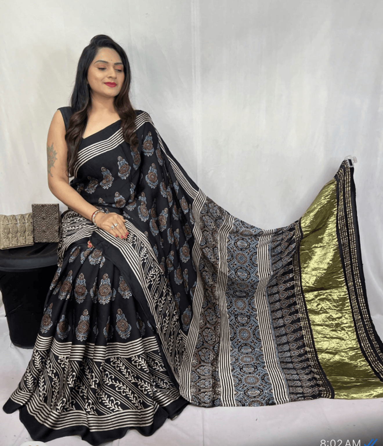 Ajrakh Modal silk saree with Lagdi patta Pallu