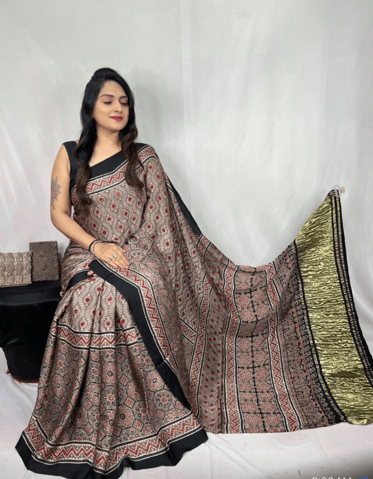 Ajrakh Modal silk saree with Lagdi patta Pallu