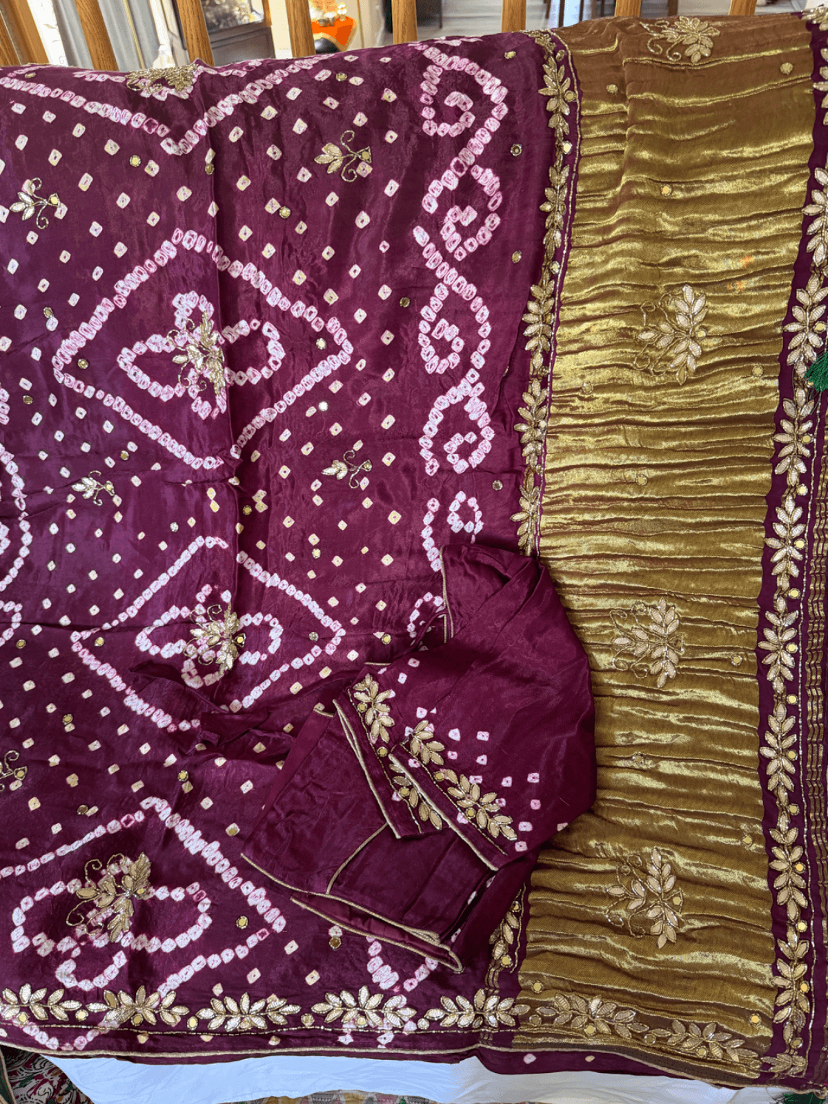 Gajji silk Bandhani with embroidery work