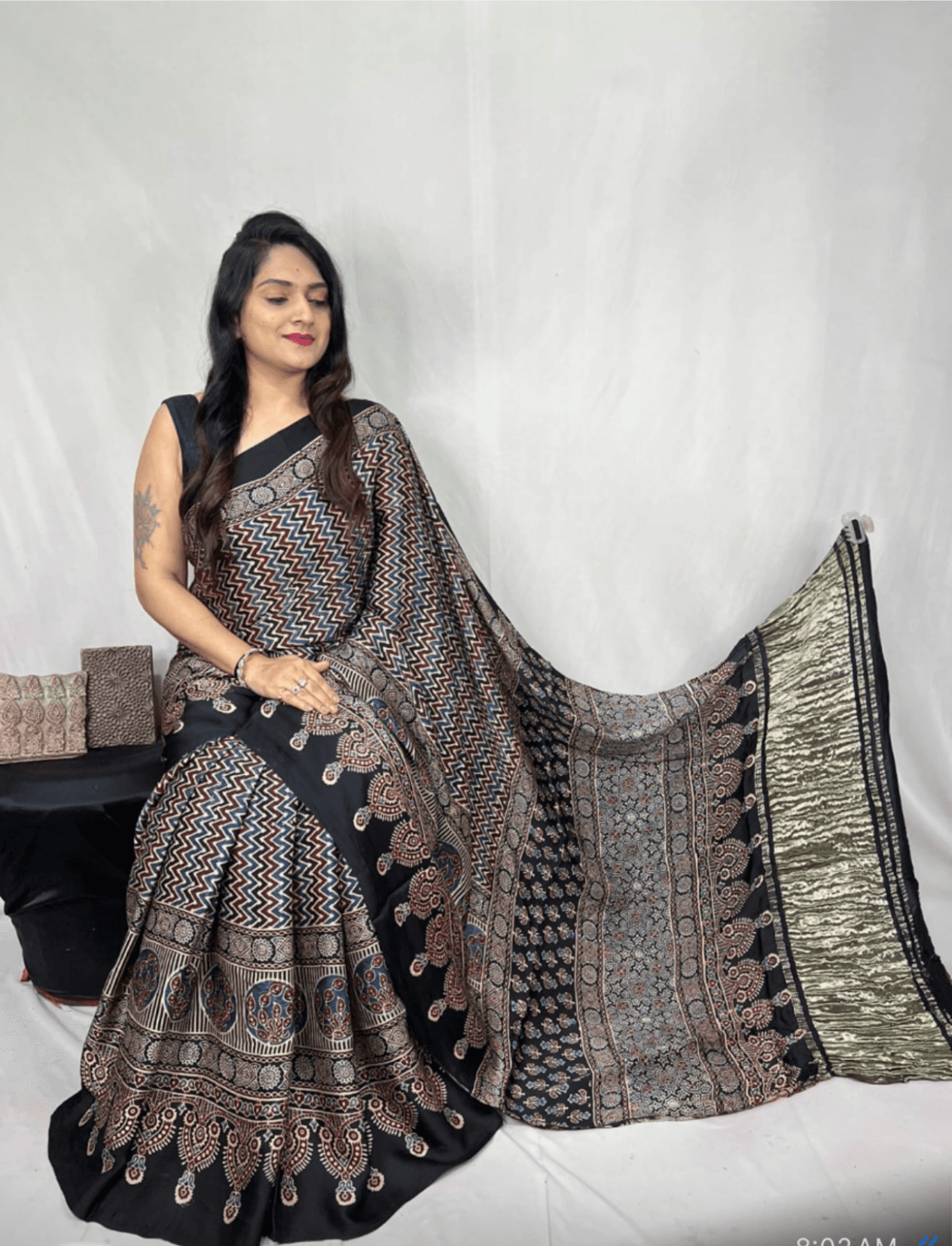 Ajrakh Modal silk saree with Lagdi patta Pallu