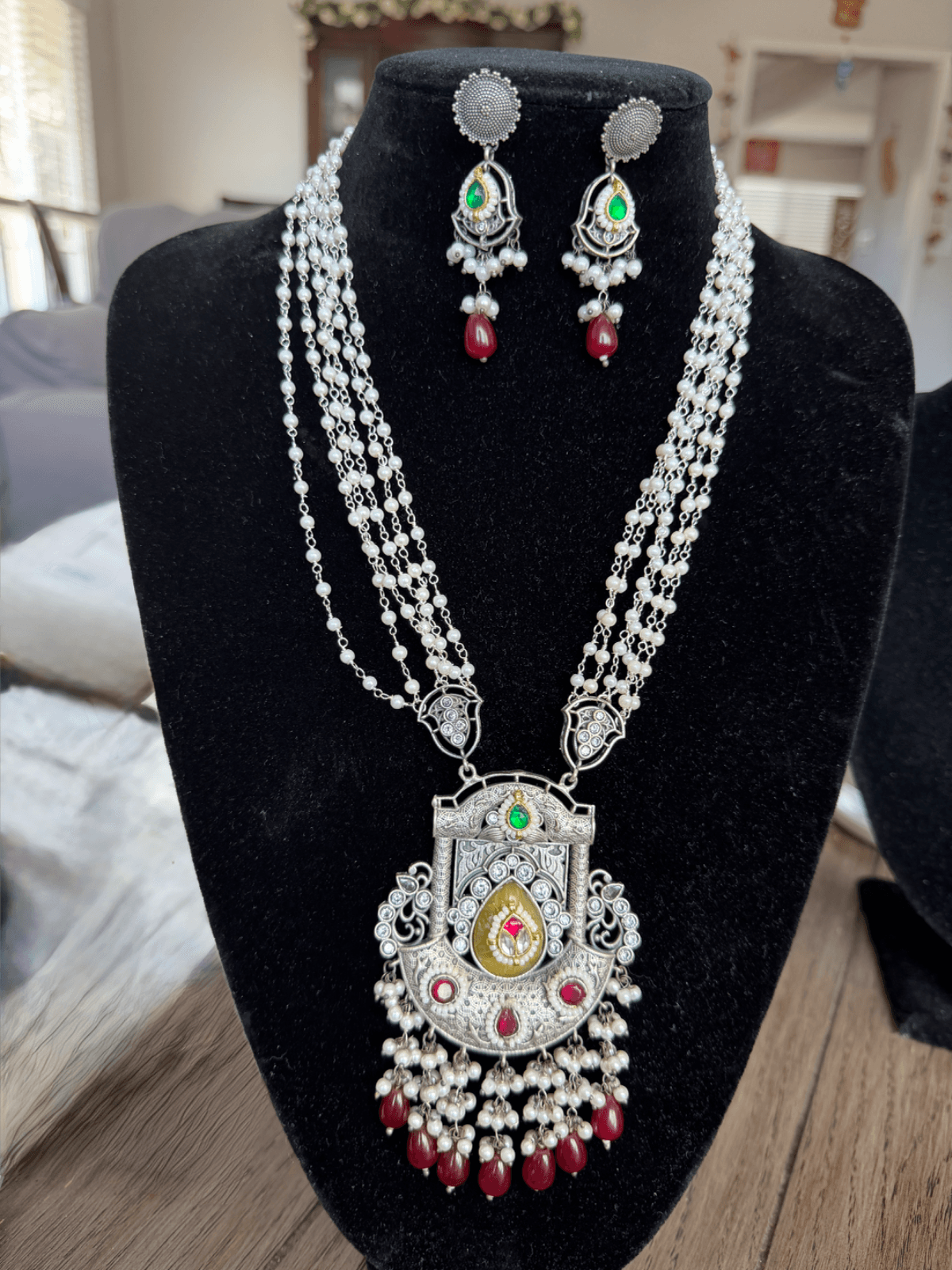 Antique silver-toned long necklace set