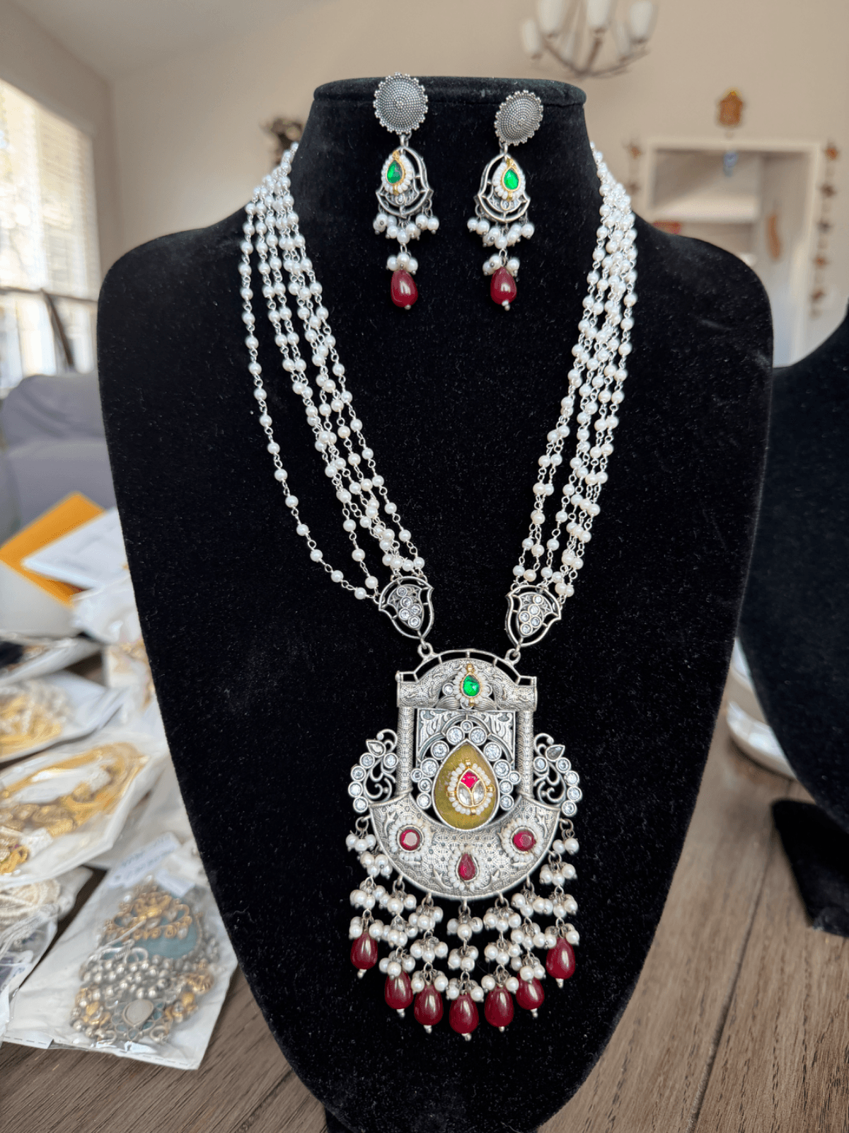 Antique silver-toned long necklace set
