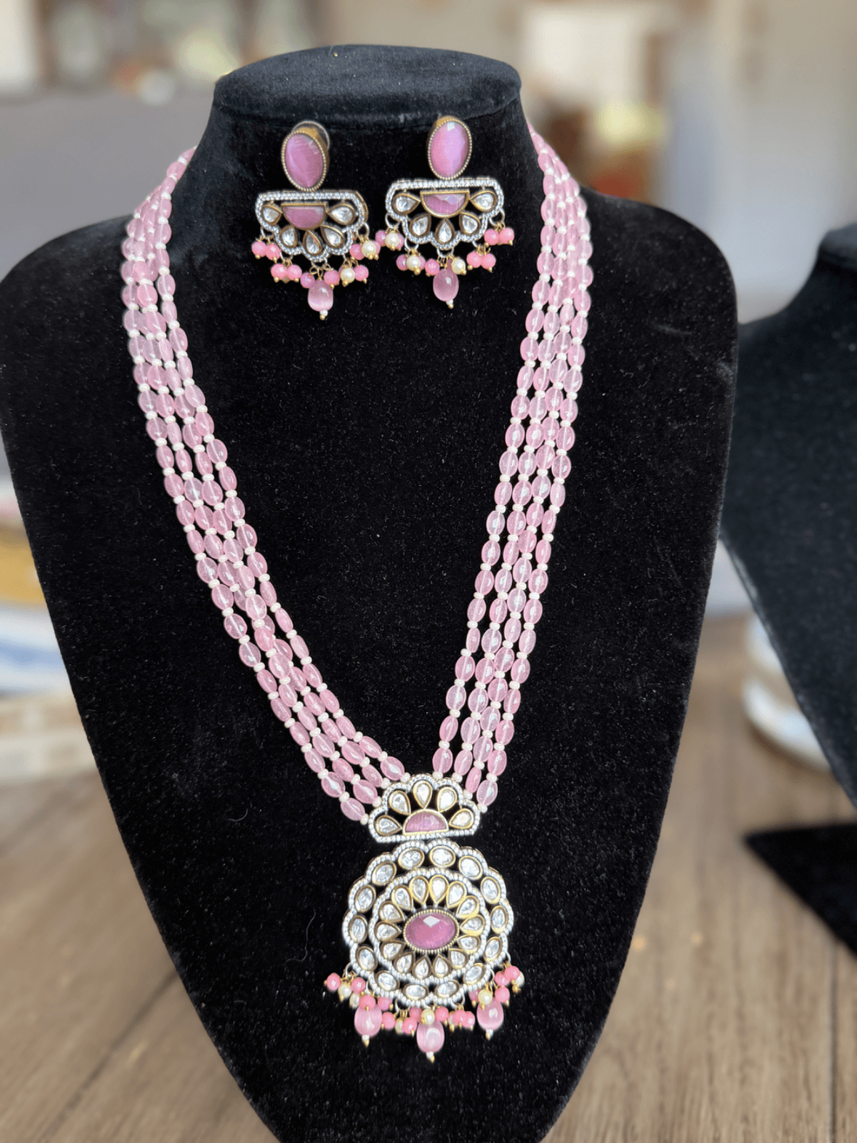 Kundan Necklace with multiple strands of blush-pink beads
