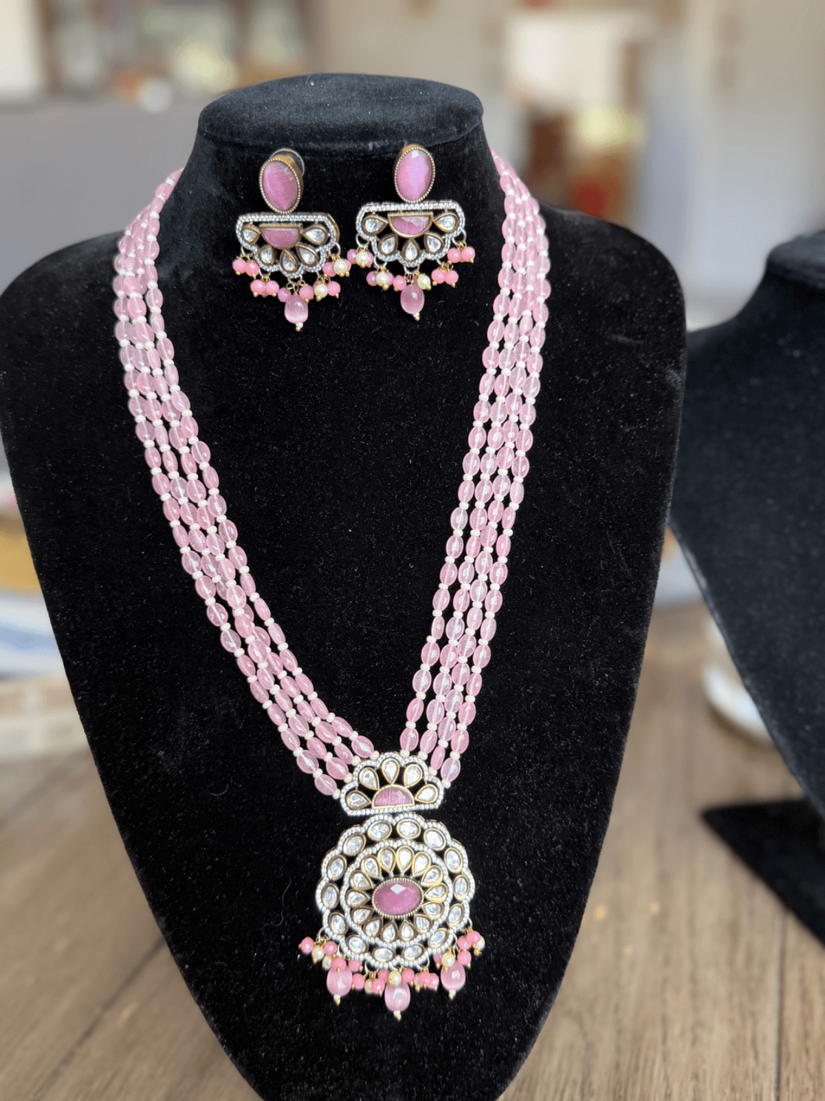 Kundan Necklace with multiple strands of blush-pink beads