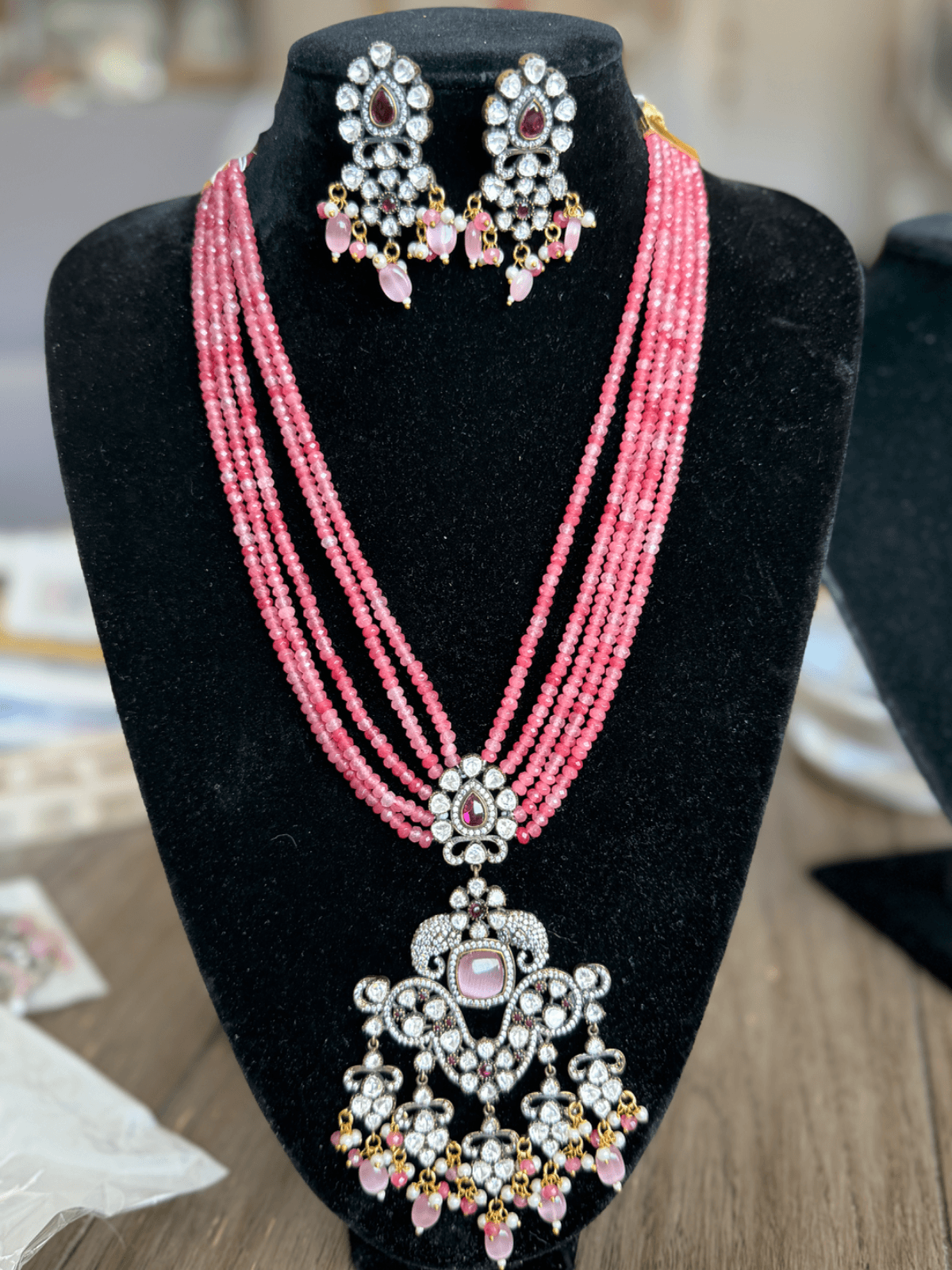 Polki Long Necklace with Rose Pink Beads
