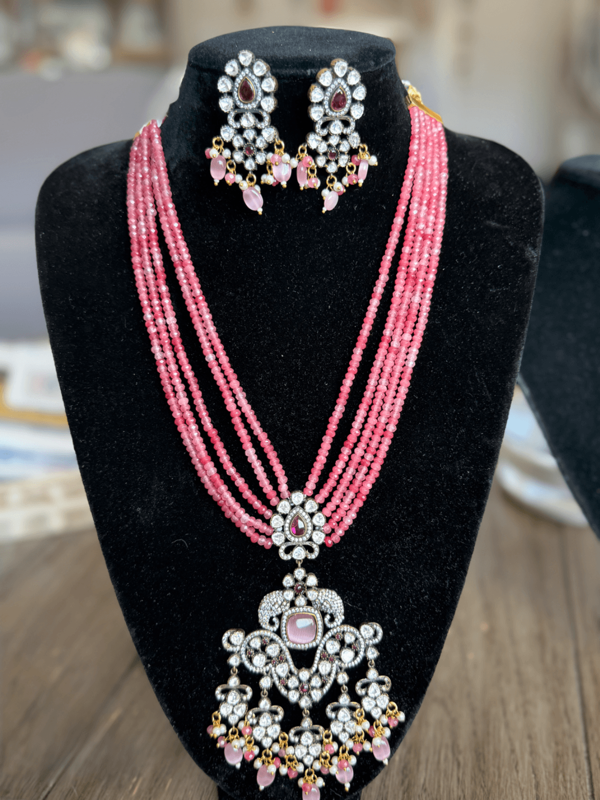 Polki Long Necklace with Rose Pink Beads